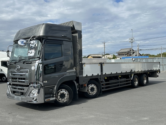 R4年 クオン ハイルーフ 4軸2デフ 低床 平ボディ 市川ボディー製アルミブロック 5方開60アオリ 鳥居造りデッキ付 エスコット リアエアサス アルミホイール